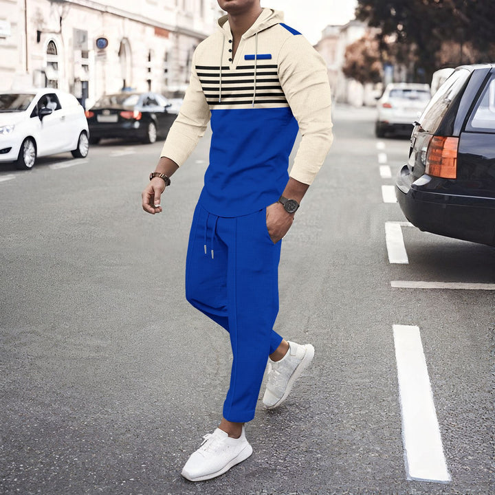 Men's urban hooded Henley leisure set with striped yoke and cropped jogger pants Mune Fashion