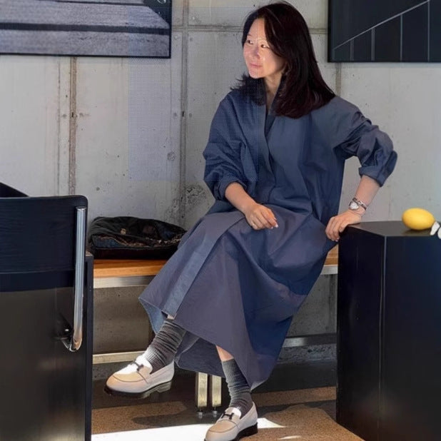 Women Long Oversized Shirt Dress made of Cotton Poplin with Side Pockets and Back Yoke Mune Fashion