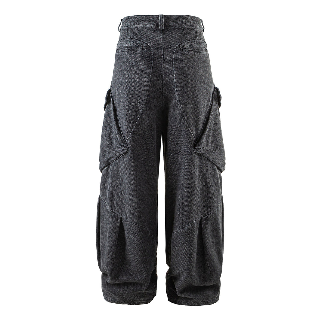 Women Wide Cargo Jeans Pants with High Waist, Distinctive Partial Seams and Decorative Pockets Mune Fashion