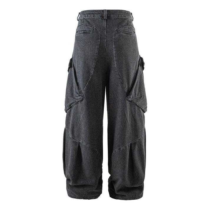 Women Wide Cargo Jeans Pants with High Waist, Distinctive Partial Seams and Decorative Pockets Mune Fashion