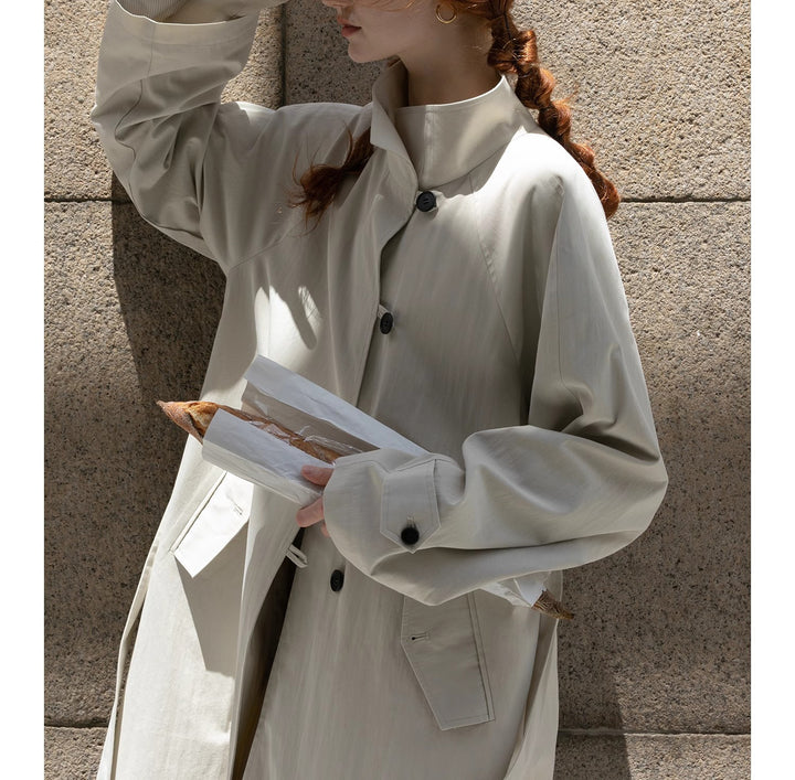 Women Lightweight Oversize Trench Coat with High Stand Collar, Adjustable Cuffs & Tied Belt Mune Fashion