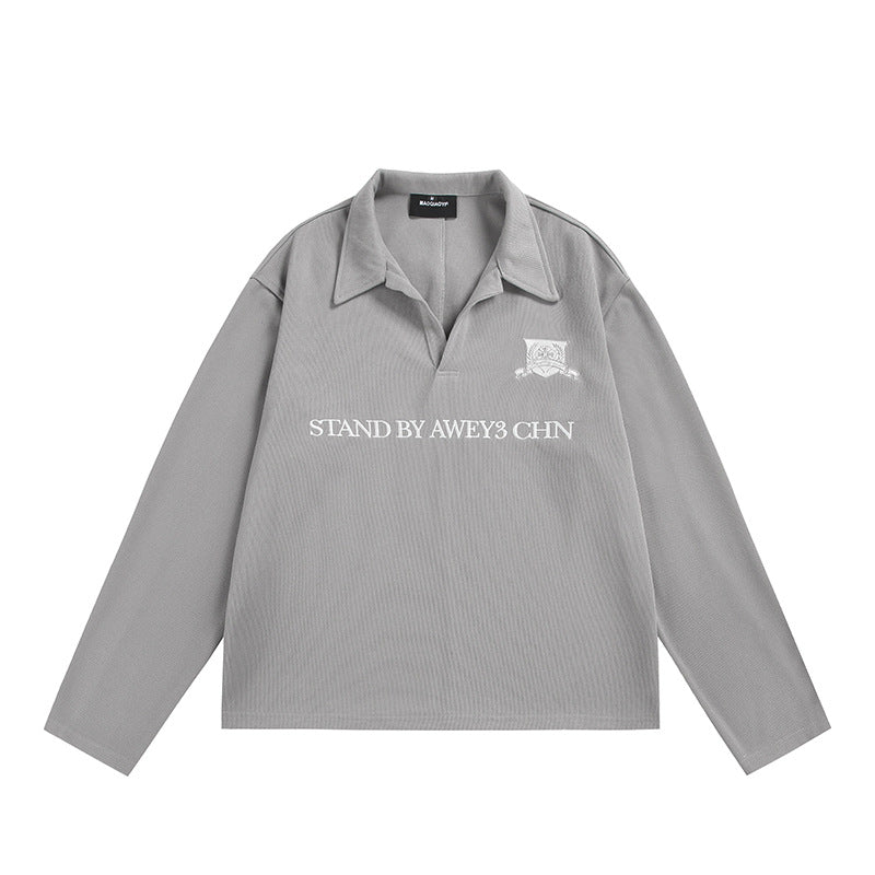 Unisex Long-Sleeve Rugby Polo with Open Kent Collar and Chest Print Mune Fashion