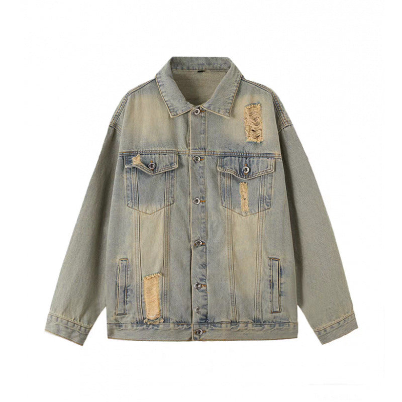 Unisex Vintage-Style Denim-Worker-Jacket with Repair-Details and Straight Cut Mune Fashion