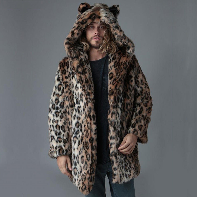 Men's Long Faux Fur Coat with Hood, Ear Application and Oversized Silhouette Mune Fashion