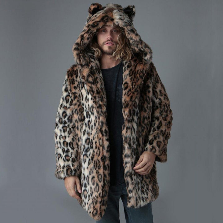 Men's Long Faux Fur Coat with Hood, Ear Application and Oversized Silhouette Mune Fashion