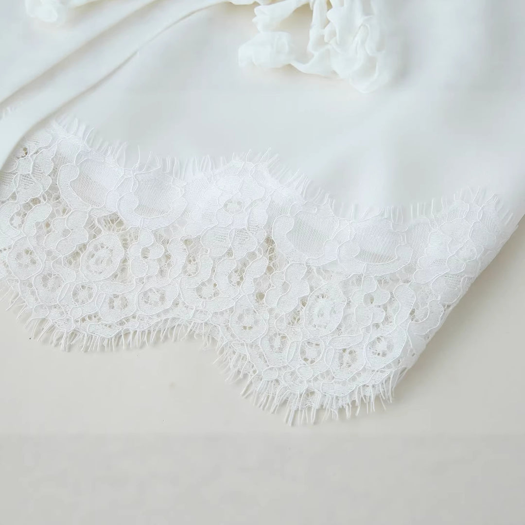 Women's satin blouse with lace trim, scalloped hem, and wide sleeves Mune Fashion