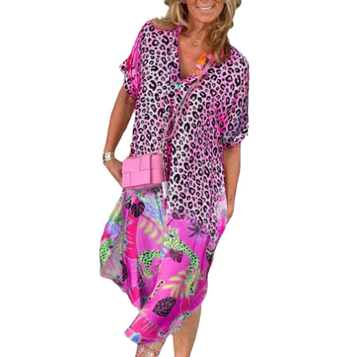 Women's loosely fitted V-neck midi dress with leopard and tropical print Mune Fashion