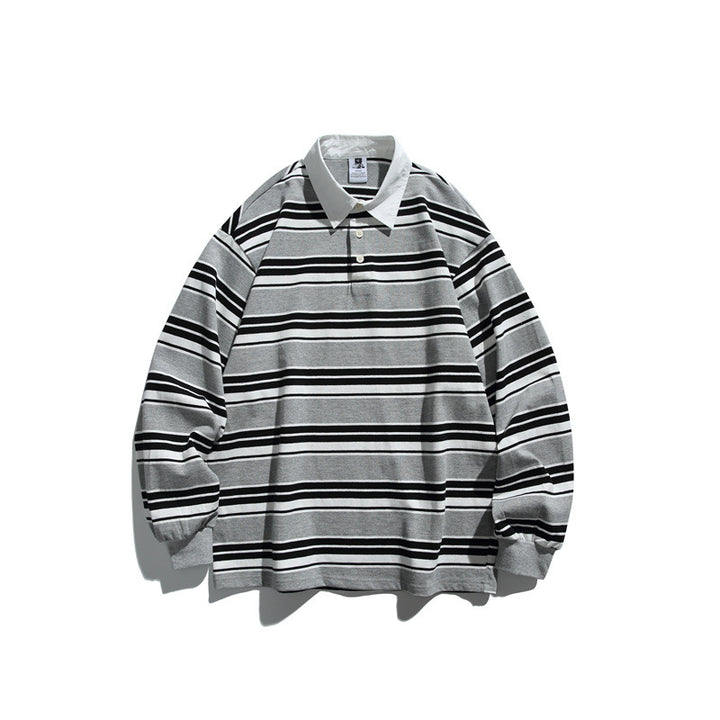 Unisex Striped Rugby Polo in Oversize Cut with Contrasting Shirt Collar Mune Fashion