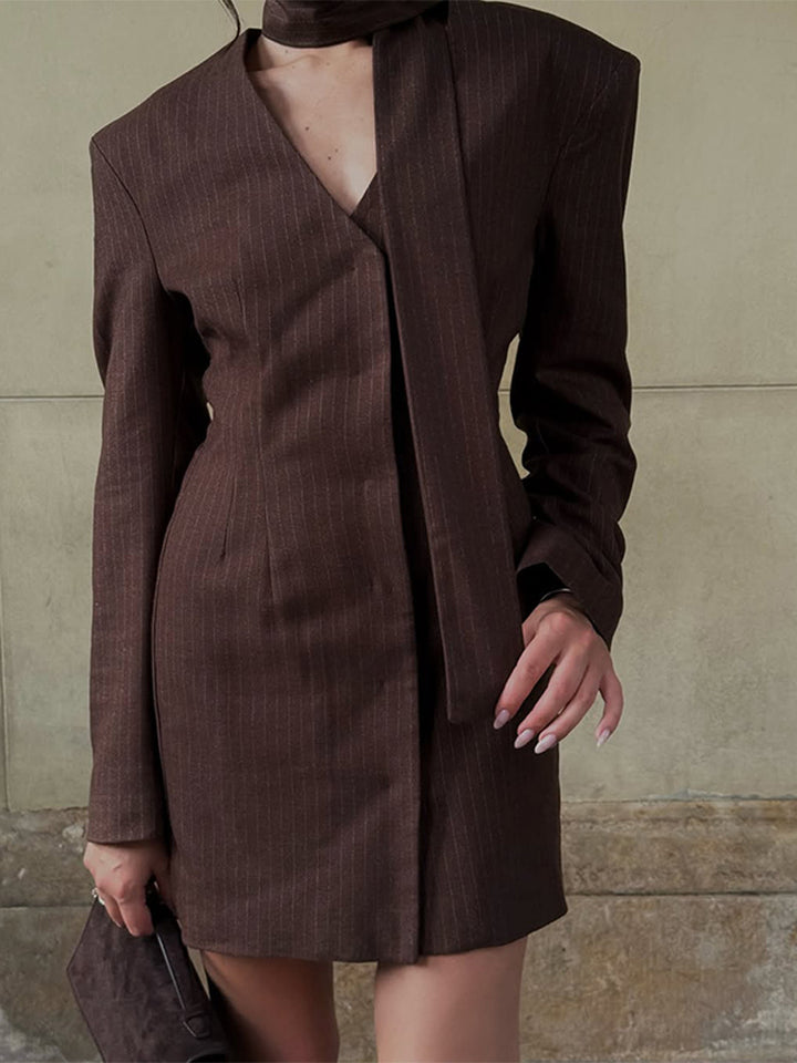 Women Pinstripe tailored blazer dress with sculpted shoulder and integrated tie collar Mune Fashion