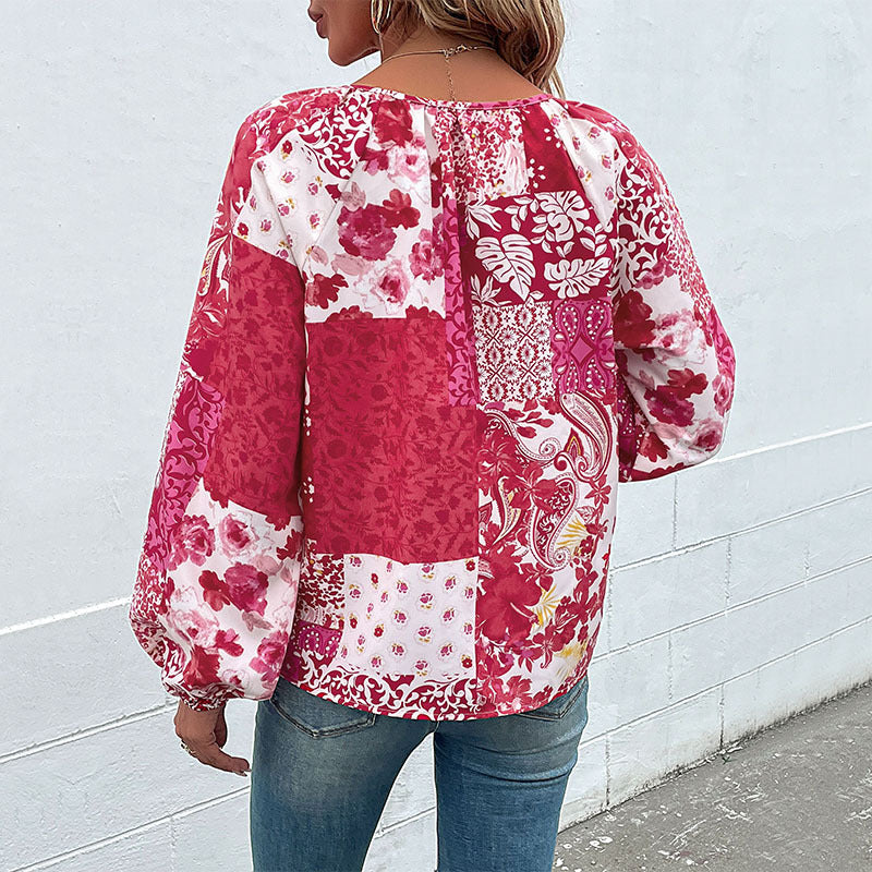 Ladies Patchwork Blouse with V-neck, BindMune Fashion and Balloon Sleeves Mune Fashion