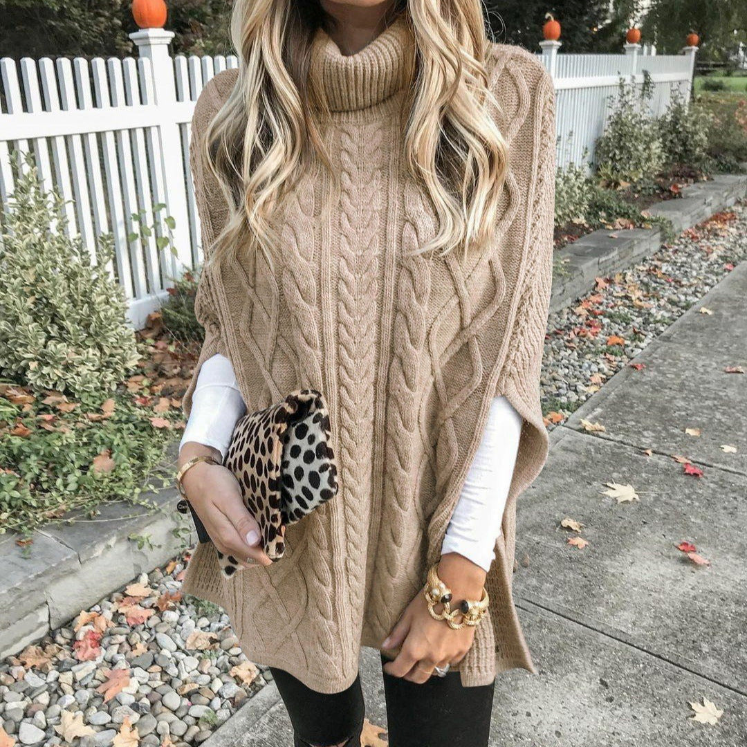 Women's Chunky Knit Poncho with High Collar and Cable Design Mune