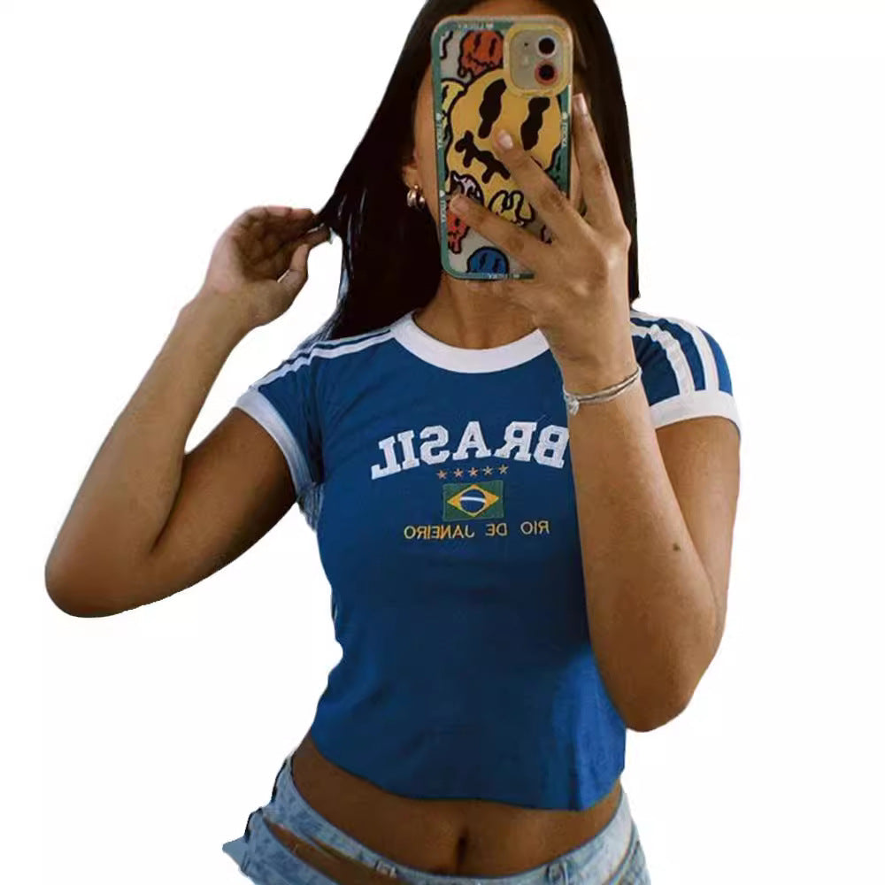 Women's short cotton crop shirt with round neck and Brazil print Mune Fashion