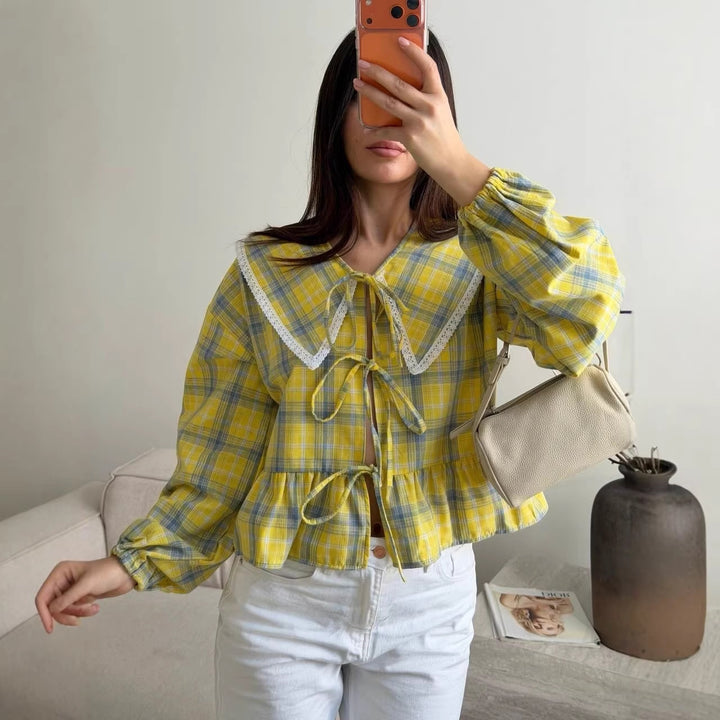 Women's Checked Ruffle Blouse with Oversized Lace Collar and Ties Mune Fashion