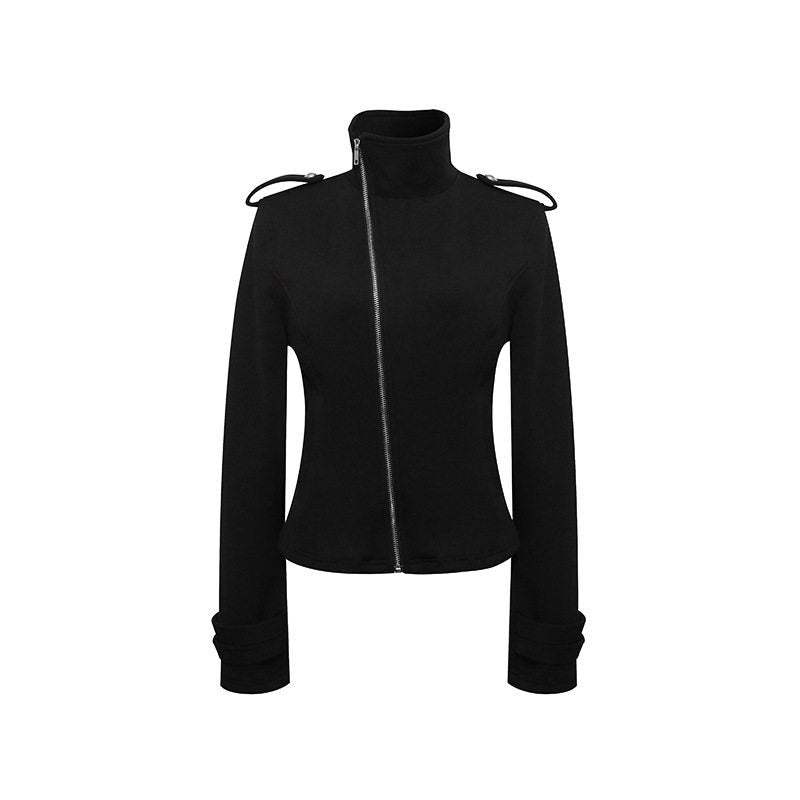 Women Fitted Zip Jacket with Stand-Up Collar, Asymmetrical Zipper and Epaulettes Mune Fashion