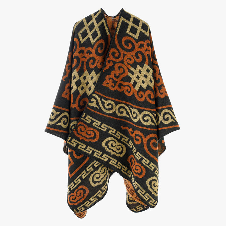 Women's jacquard wrap in ruana style with ornamental weaving structure Mune Fashion