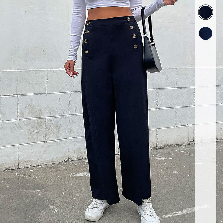 Women's High-Waist Palazzo Pants with maritime-inspired decorative button placket and wide leg Mune Fashion