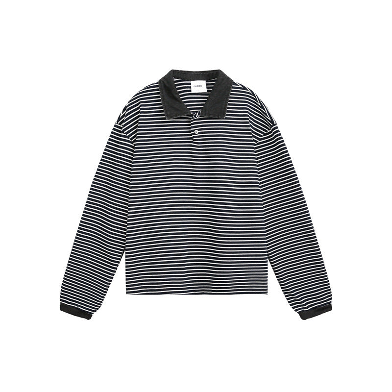 Unisex Relaxed Rugby Polo Shirt with Cord Collar and Fine Striped Knitting Mune Fashion