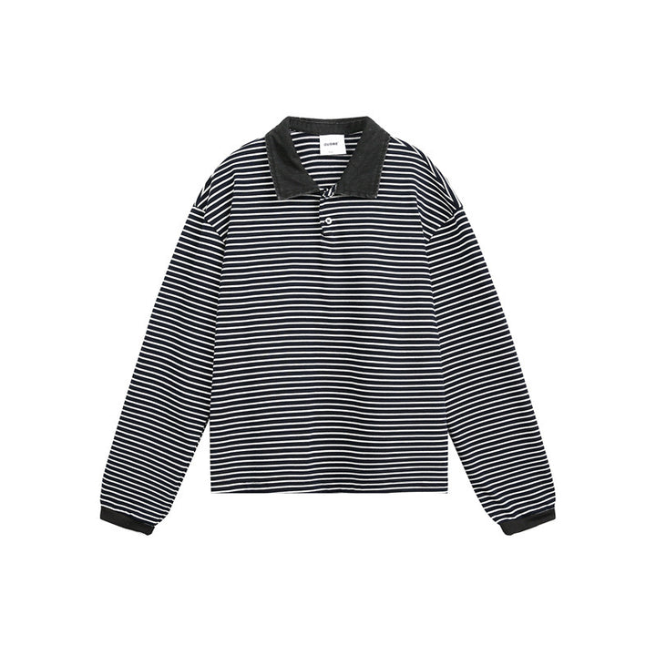 Unisex Relaxed Rugby Polo Shirt with Cord Collar and Fine Striped Knitting Mune Fashion