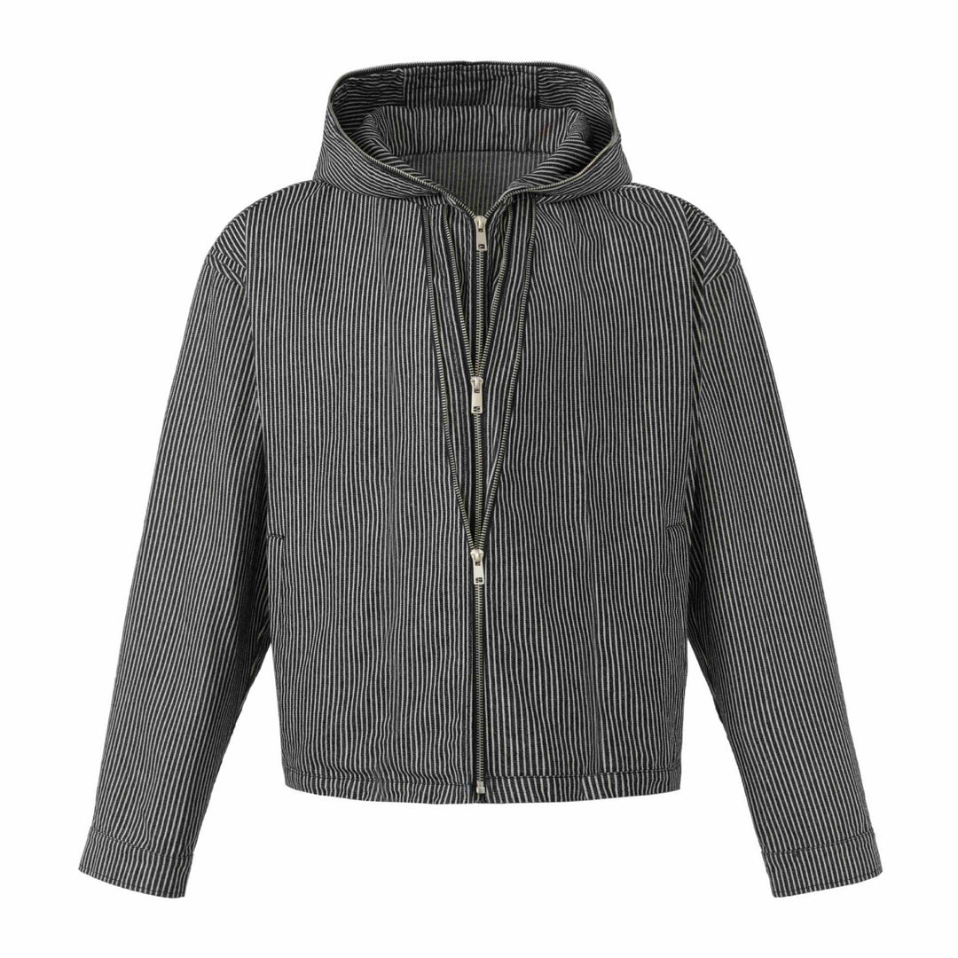 Unisex Striped Hoodie Blouson Jacket with Double Zipper and Elastic Hem Mune Fashion