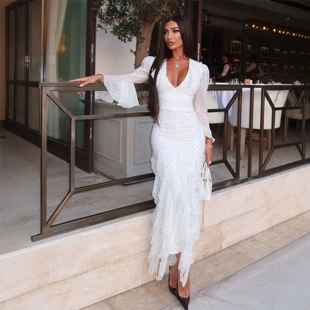 Women's chiffon maxi dress with deep V-neck, transparent bell sleeves and tiered ruffles Mune Fashion
