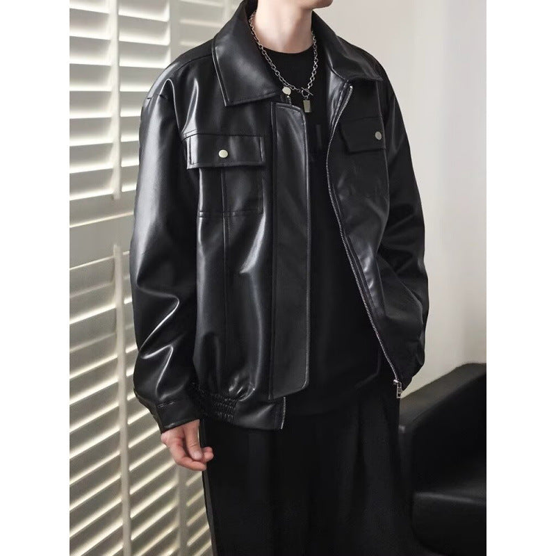 Men's Short Cropped Oversized Faux Leather Utility Jacket with Chest Flaps and Full-Length Zipper Mune Fashion