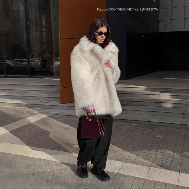 Women's Long Pile Oversized Faux Fur Coat with Boxy Silhouette and Open Cut Mune Fashion