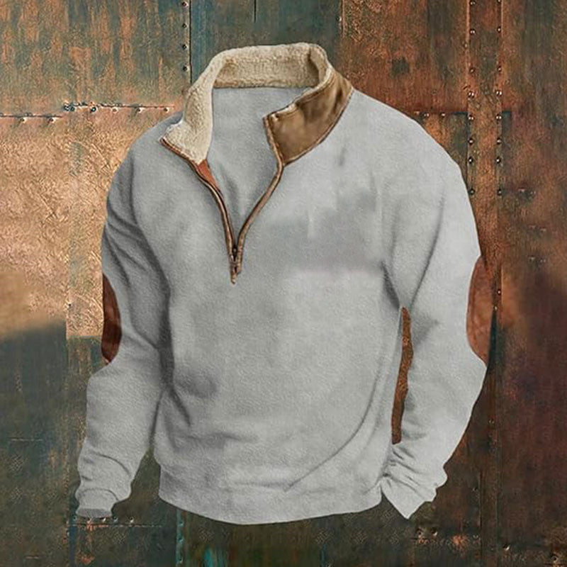 Men Cord-Optic Half-Zip Sweater with Teddy Collar and Elbow Patches Mune Fashion
