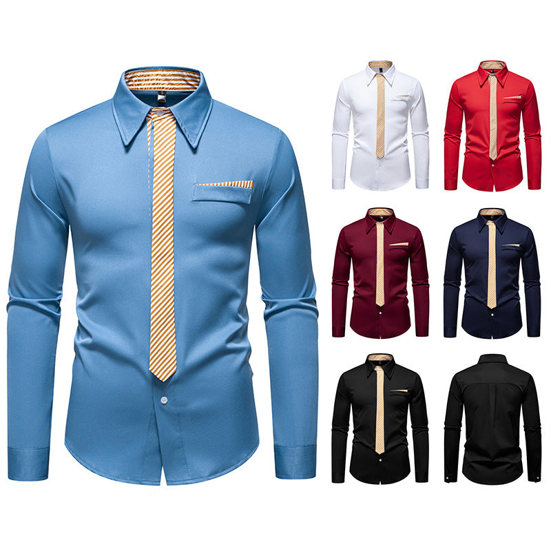 Men's Slim-Fit Business Shirt with Integrated Tie Look and Chest Pocket Mune Fashion