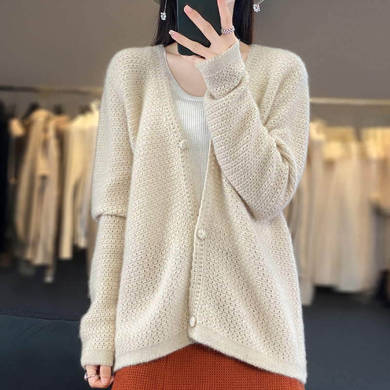 Women's Open Ajour Knit Cardigan with Subtle Plush Finish and Boxy Oversize Silhouette Mune Fashion