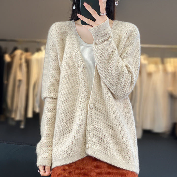Women's Open Ajour Knit Cardigan with Subtle Plush Finish and Boxy Oversize Silhouette Mune Fashion