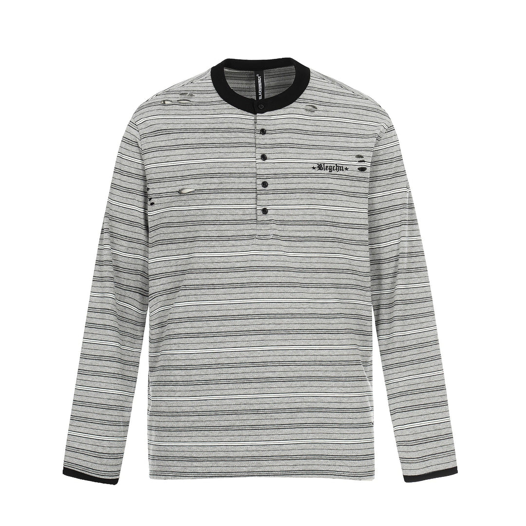 Men's Long Sleeve Henley Shirt with Striped Pattern and Distressed Details Mune Fashion