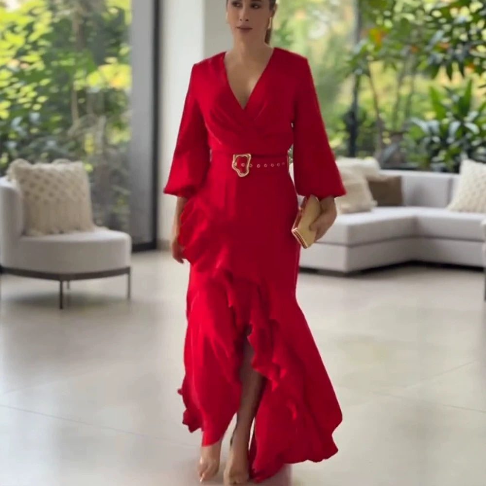 Women's Elegant Wrap Maxi Dress with Ruffles, Fitted Belt & Wide Bell Sleeves Mune Fashion
