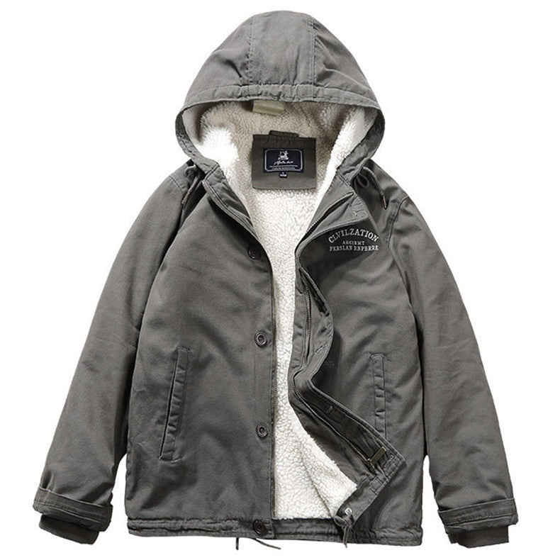 Men's Canvas Hoodie Parka with Continuous Teddy Fleece Lining and Drawstring Mune Fashion