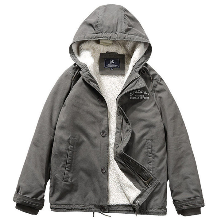Men's Canvas Hoodie Parka with Continuous Teddy Fleece Lining and Drawstring Mune Fashion