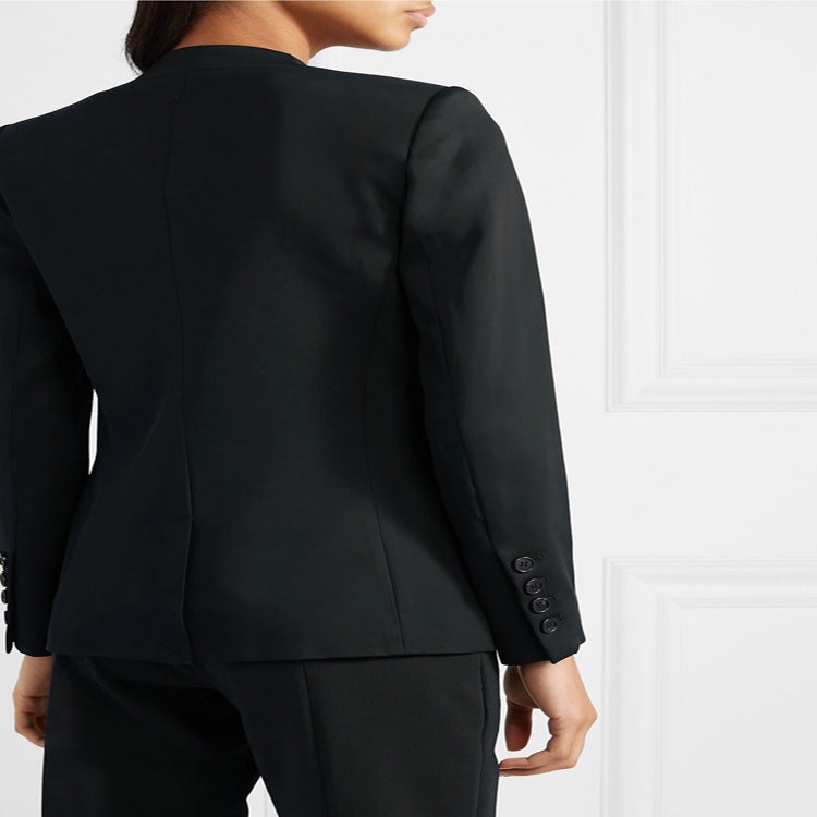 Women's Two-Piece Tailoring Set made of Stretch Crepe with Open Long Blazer and Cropped Cigarette Pants Mune Fashion