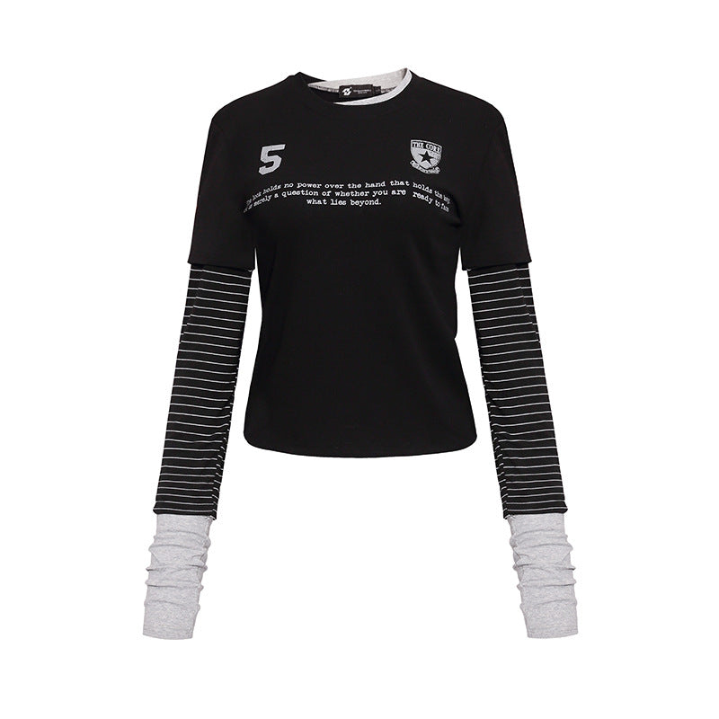 Women's Layered Look Long Sleeve Shirt with Striped Insert Sleeves and Badge Mune Fashion
