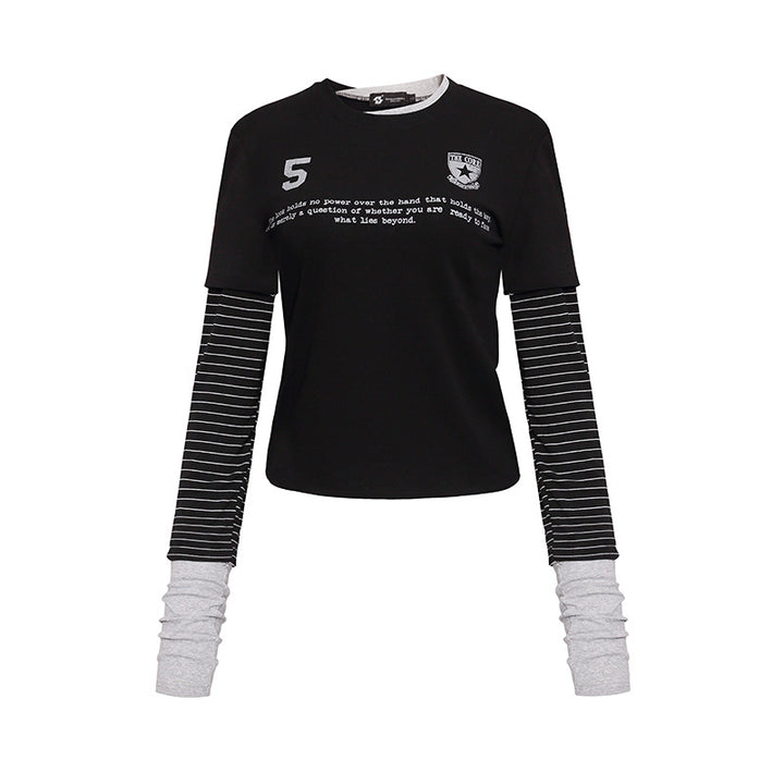 Women's Layered Look Long Sleeve Shirt with Striped Insert Sleeves and Badge Mune Fashion