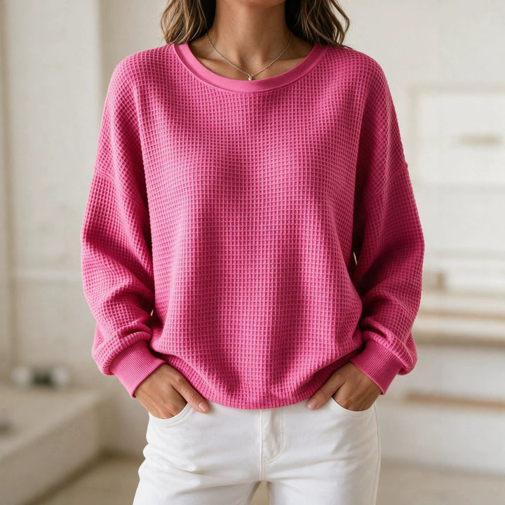 Women’s Oversize Waffle Knit Sweatshirt with Round Neck Mune Fashion