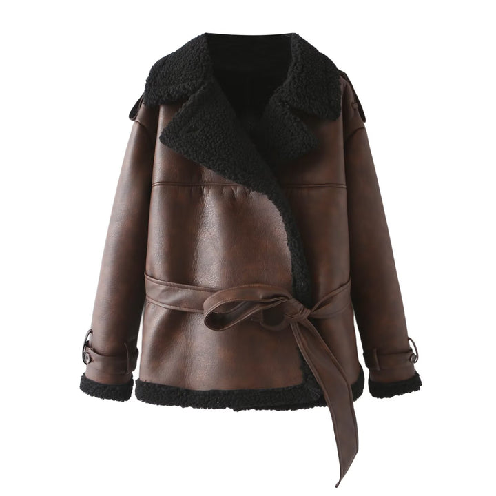 Women Tailored Aviator Coat made of Faux Leather with Teddy Lining and Tied Belt Mune Fashion