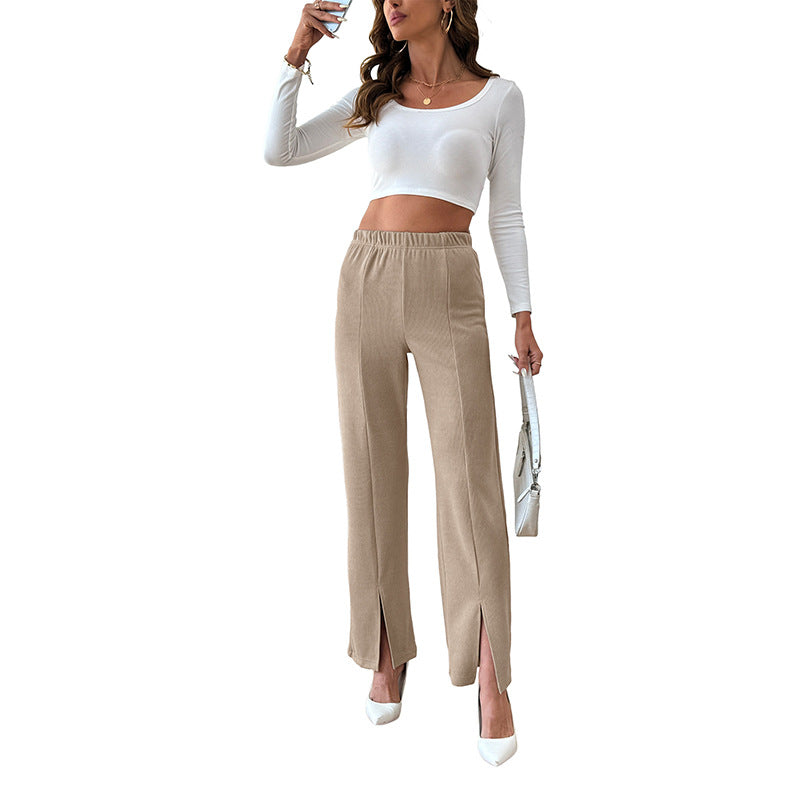 Women's Soft Ribbed Palazzo Pants with High Elastic Waistband and Hem Slit Mune Fashion