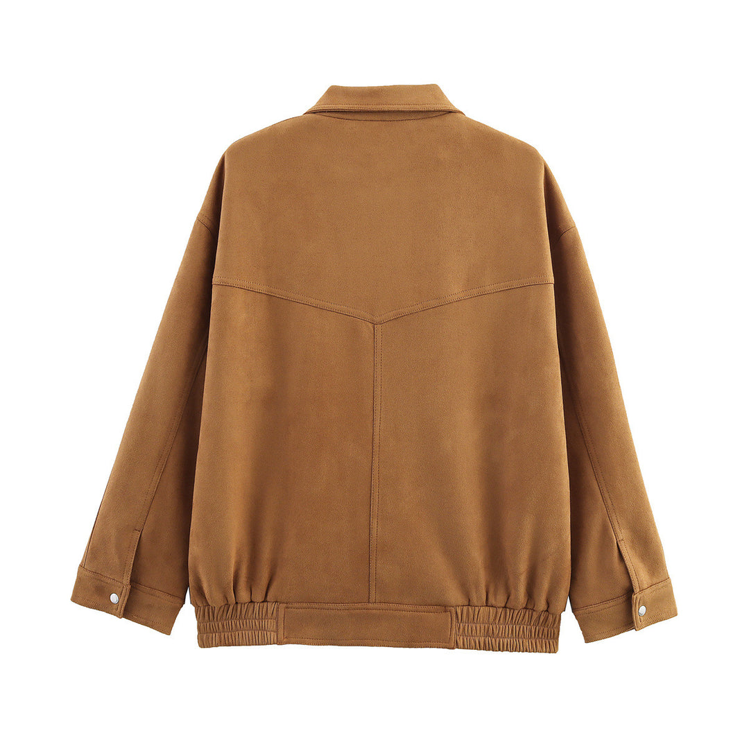 Women's casual velour jacket with snap button placket, patch flap pockets, and elastic hem Mune Fashion