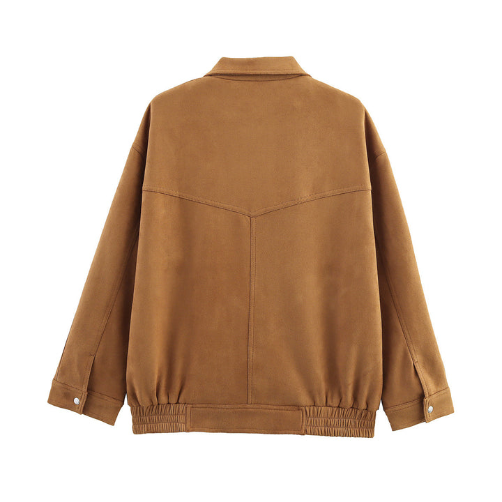 Women's casual velour jacket with snap button placket, patch flap pockets, and elastic hem Mune Fashion