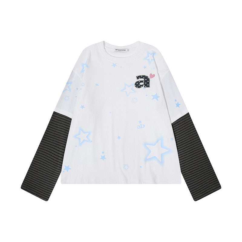 Women's layered long-sleeve shirt with striped insert sleeves, star print, and application Mune Fashion