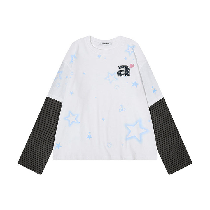 Women's layered long-sleeve shirt with striped insert sleeves, star print, and application Mune Fashion