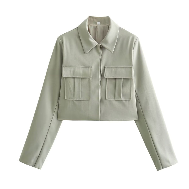 Women's short-cut faux leather jacket in field style with shirt collar and double flap pockets Mune Fashion