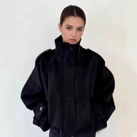 Women's short wool jacket with stand-up collar, shoulder flaps, concealed button placket, and adjustable cuffs Mune Fashion