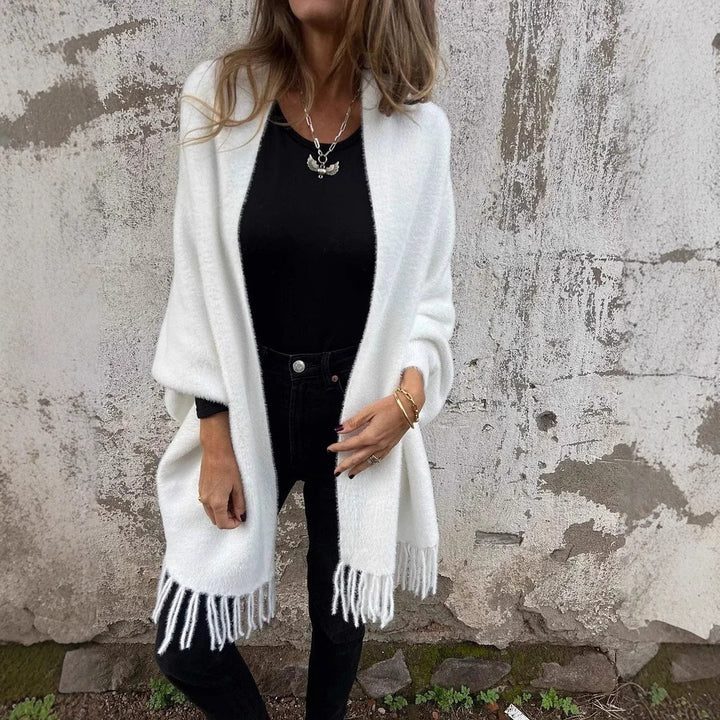 Women's longer cozy fringed cardigan with shawl collar and oversized fit Mune Fashion