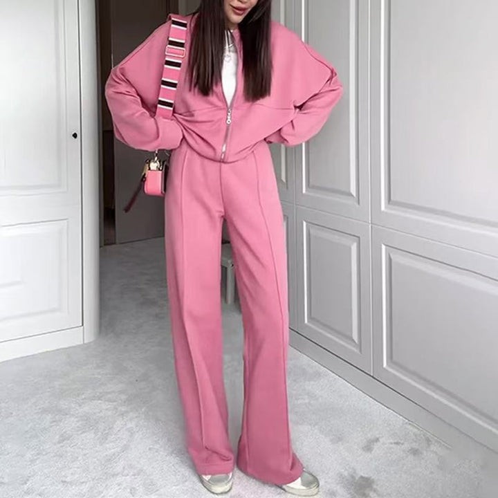Women’s cropped bomber jacket with zipper and loose high-waist joggers set Mune Fashion