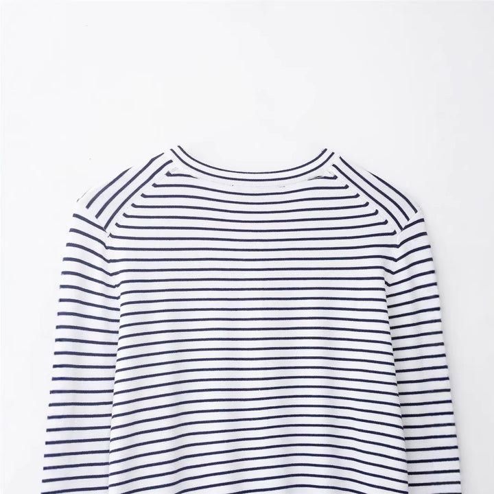 Women's fine knit cardigan with nautical striped pattern, round neckline and mother-of-pearl button placket Mune Fashion