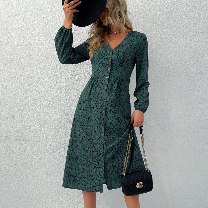Women's V-neck midi dress with button placket, tailored fit and balloon sleeves Mune Fashion
